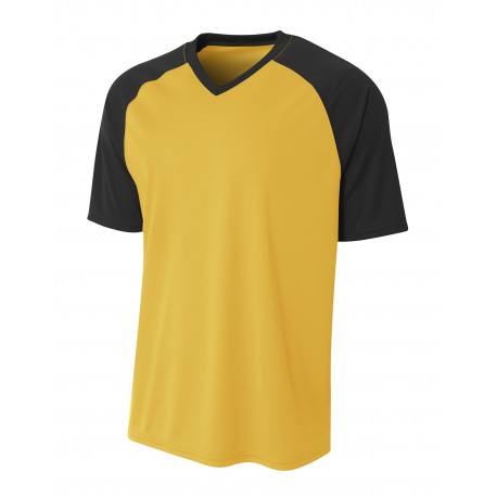 N3373 A4 N3373 Adult Polyester V-Neck Strike Jersey With Contrast Sleeve GOLD/ BLACK