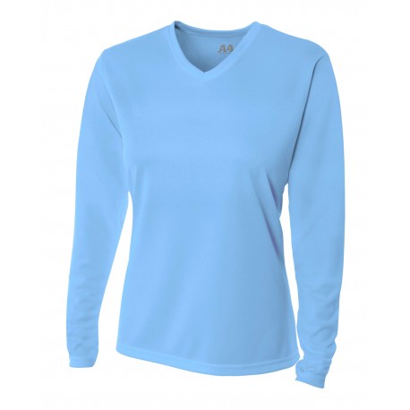 NW3255 A4 NW3255 Ladies' Birds-Eye Mesh Long Sleeve V-Neck T-Shirt LIGHT BLUE