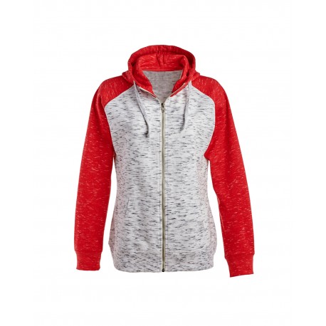 JA8679 J America JA8679 Ladies' Melange Fleece 2-Tone Full-Zip Hooded Sweatshirt WHITE/ RED