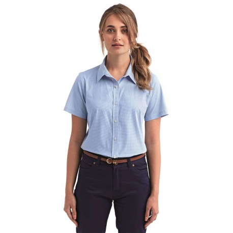 RP321 Artisan Collection by Reprime RP321 Women's Microcheck Gingham Short Sleeve Cotton Dress Shirt Light Blue/ White