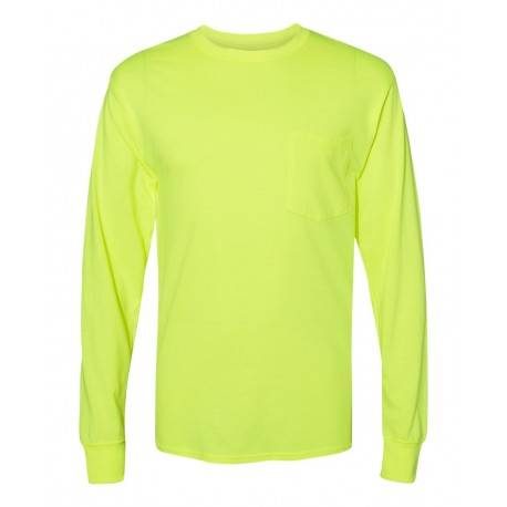 W120 Hanes W120 Workwear Long Sleeve Pocket T-Shirt SAFETY GREEN