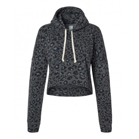 8853 J. America 8853 Women's Crop Hooded Sweatshirt Black Leopard Triblend