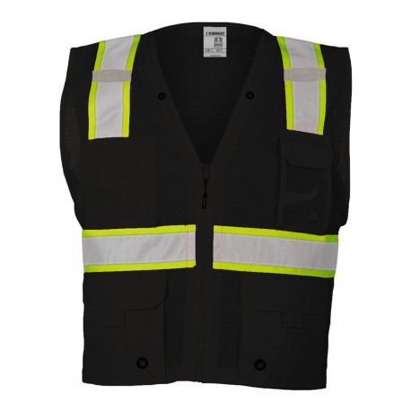 B100-111 Kishigo B100-111 EV Series Enhanced Visibility Multi-Pocket Mesh Vest Black/ Lime - B100