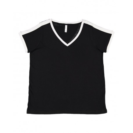 3832 LAT 3832 Women's Curvy Retro Ringer Premium Jersey V-Neck Tee BLACK/ WHITE
