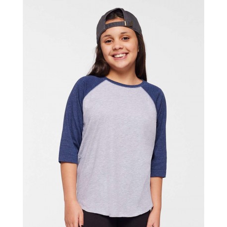 6130 LAT 6130 Youth Baseball Fine Jersey Three-Quarter Sleeve Tee Vintage Heather/ Vintage True Navy