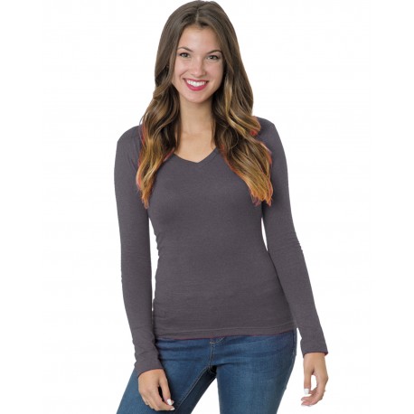 BA3415 Bayside BA3415 Juniors 4.2 Oz., Fine Jersey Long-Sleeve V-Neck T-Shirt HEATHER CHARCOAL