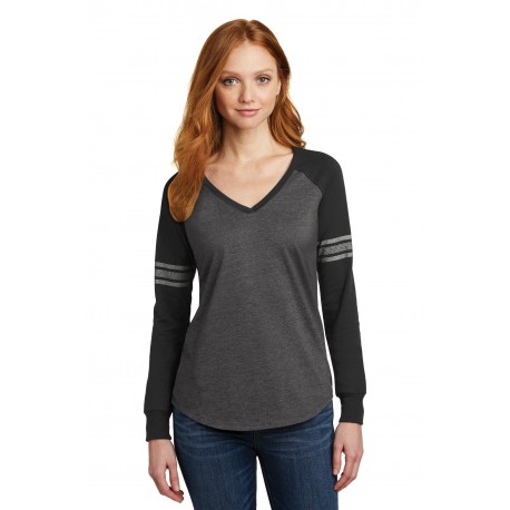 DM477 District DM477 Women's Game Long Sleeve V-Neck Tee Heathered Charcoal/Black/Silver