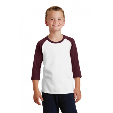 PC55YRS Port & Company PC55YRS Youth Core Blend 3/4-Sleeve Raglan Tee White/Athletic Maroon