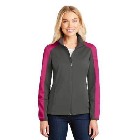 L718 Port Authority L718 Ladies Active Colorblock Soft Shell Jacket Grey Steel/Pink Azalea