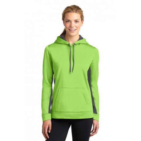 LST235 Sport-Tek LST235 Ladies Sport-Wick Fleece Colorblock Hooded Pullover Lime Shock/Dark Smoke Grey