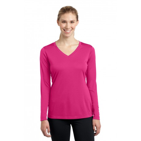 LST353LS Sport-Tek LST353LS Ladies Long Sleeve PosiCharge Competitor V-Neck Tee Pink Raspberry