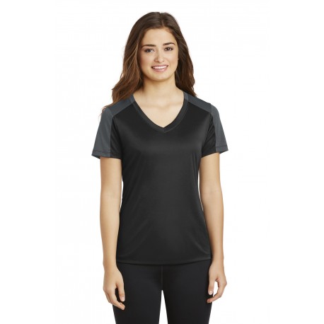 LST354 Sport-Tek LST354 Ladies PosiCharge Competitor Sleeve-Blocked V-Neck Tee Black/Iron Grey