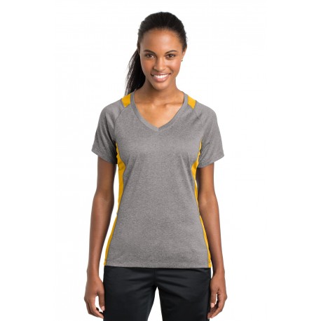 LST361 Sport-Tek LST361 Ladies Heather Colorblock Contender V-Neck Tee Vintage Heather/Gold