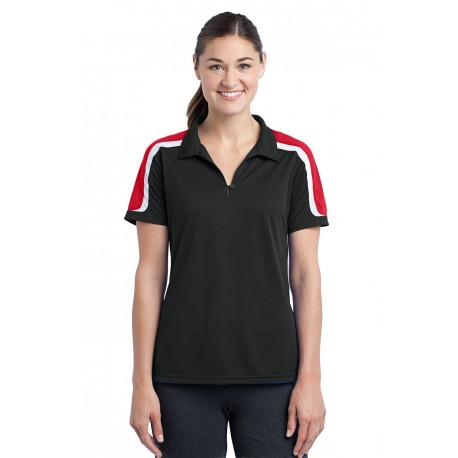 LST658 Sport-Tek LST658 Ladies Tricolor Shoulder Micropique Sport-Wick Polo Black/True Red/White