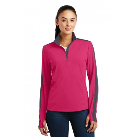LST861 Sport-Tek LST861 Ladies Sport-Wick Textured Colorblock 1/4-Zip Pullover Pink Raspberry/Iron Grey