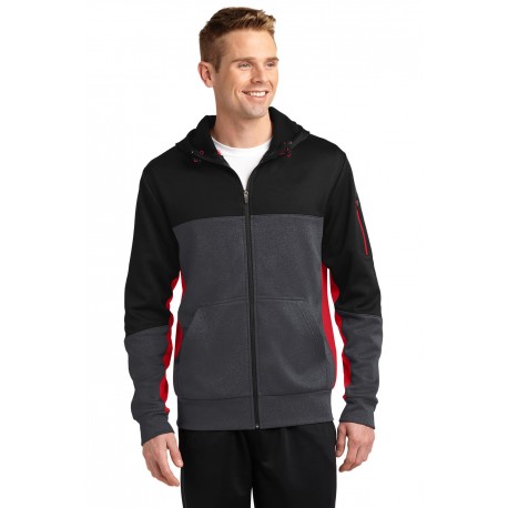 ST245 Sport-Tek ST245 Tech Fleece Colorblock Full-Zip Hooded Jacket Black/Graphite Heather/True Red