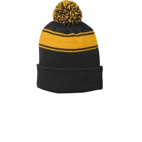STC28 Sport-Tek STC28 Stripe Pom Pom Beanie BLACK/GOLD